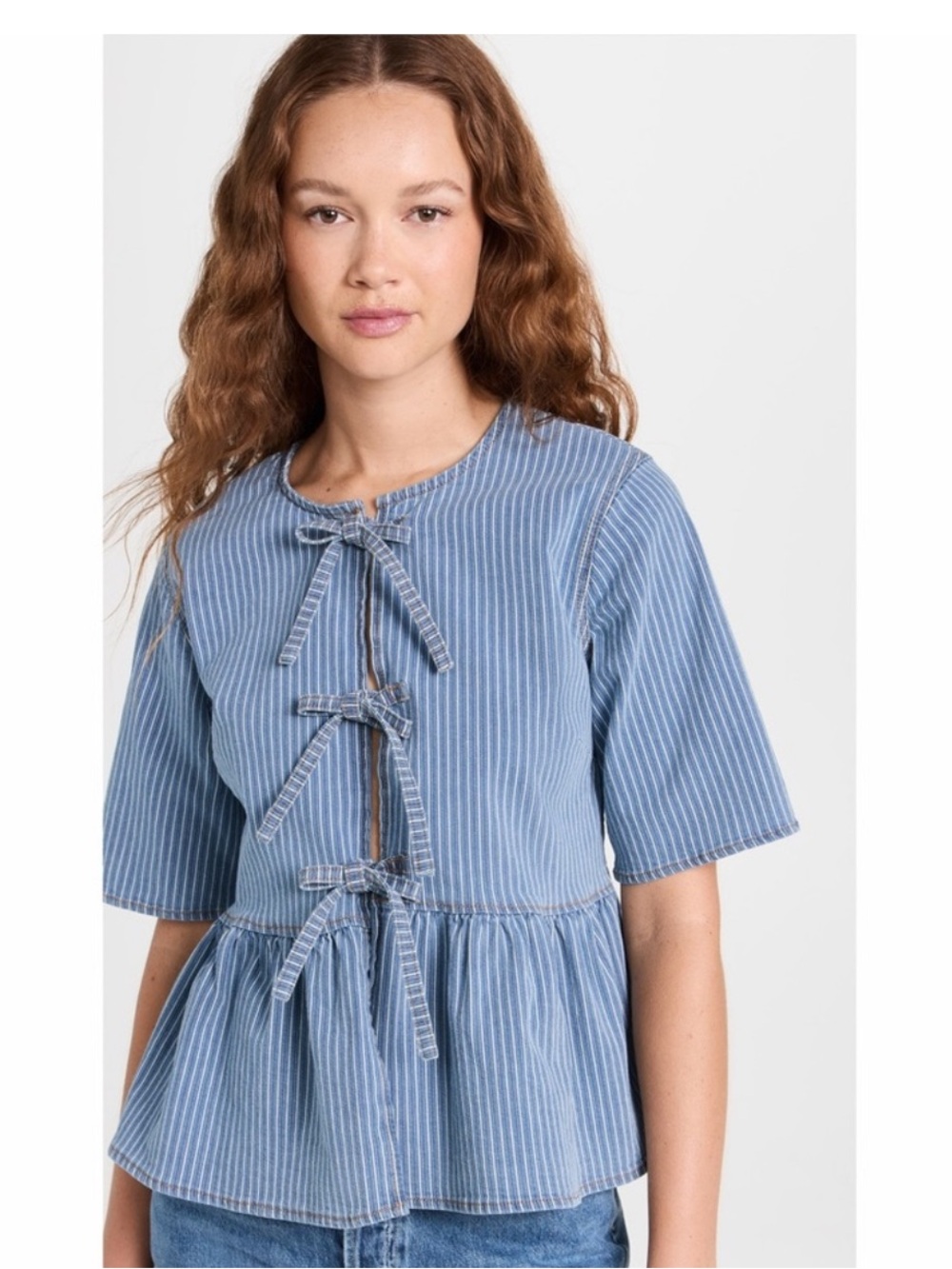 GANNI Tie-Front Denim Peplum Top